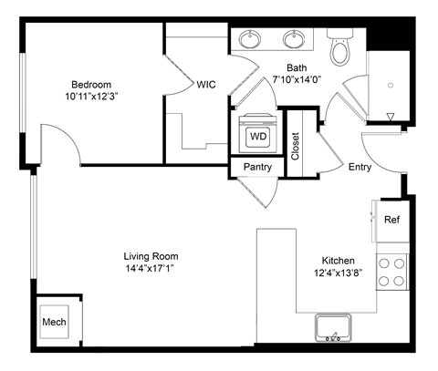 Floor plan for 1 bed, 1 bath, 725 sqft